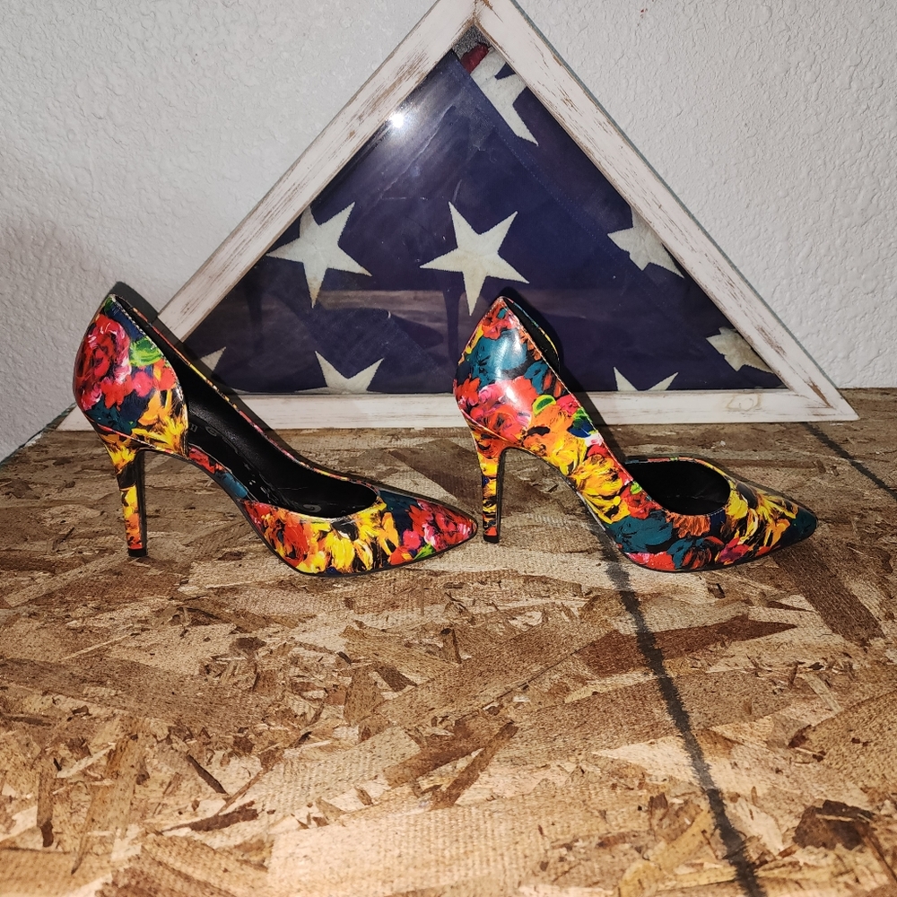 BRASH Colorful Floral Slip On Stiletto Heels Dress Shoes Women's (Multicolor)- 5 - Picture 3 of 9